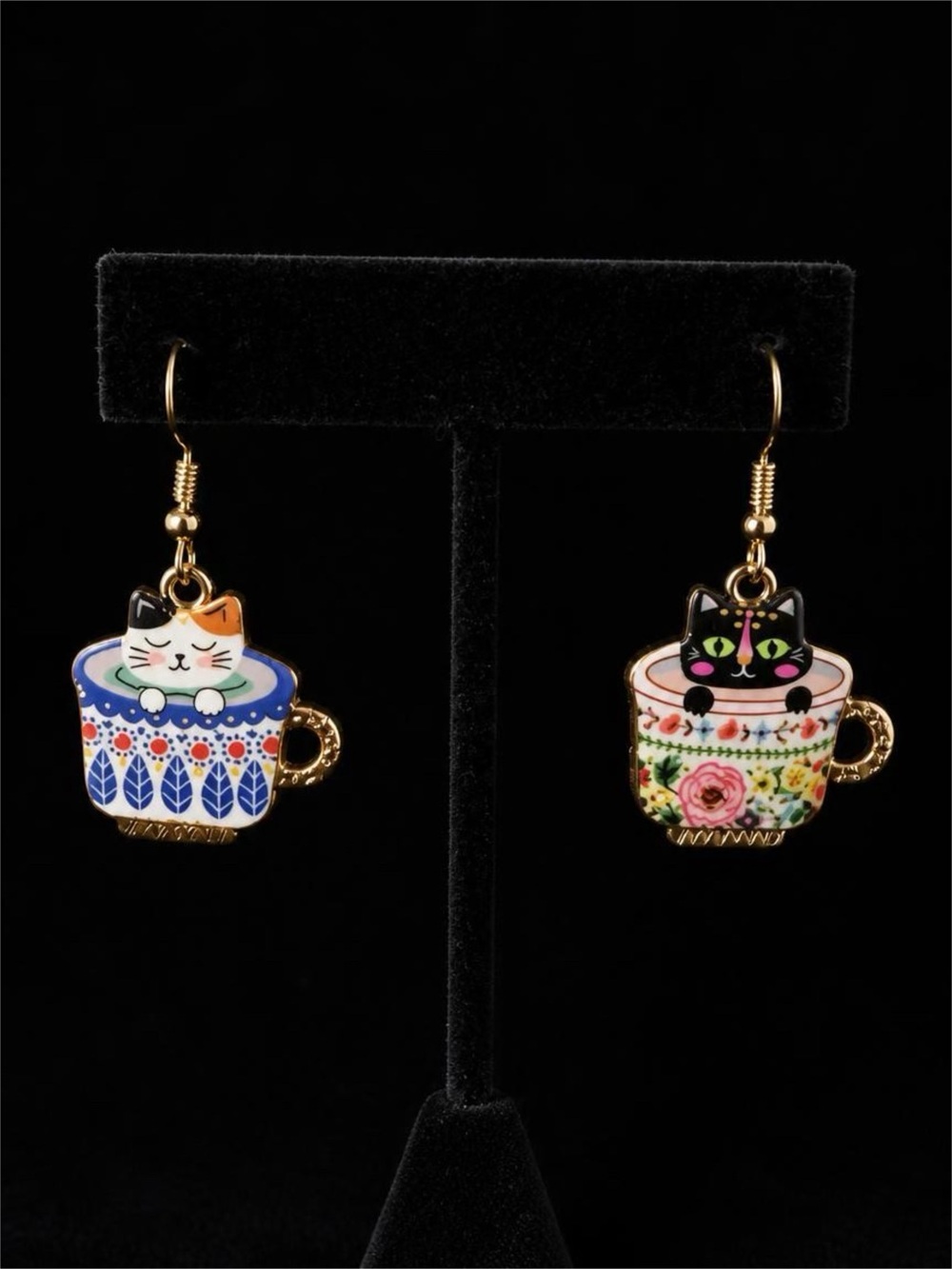 Cute Cat in Teacup Enamel Drop Earrings - Blue & Pink